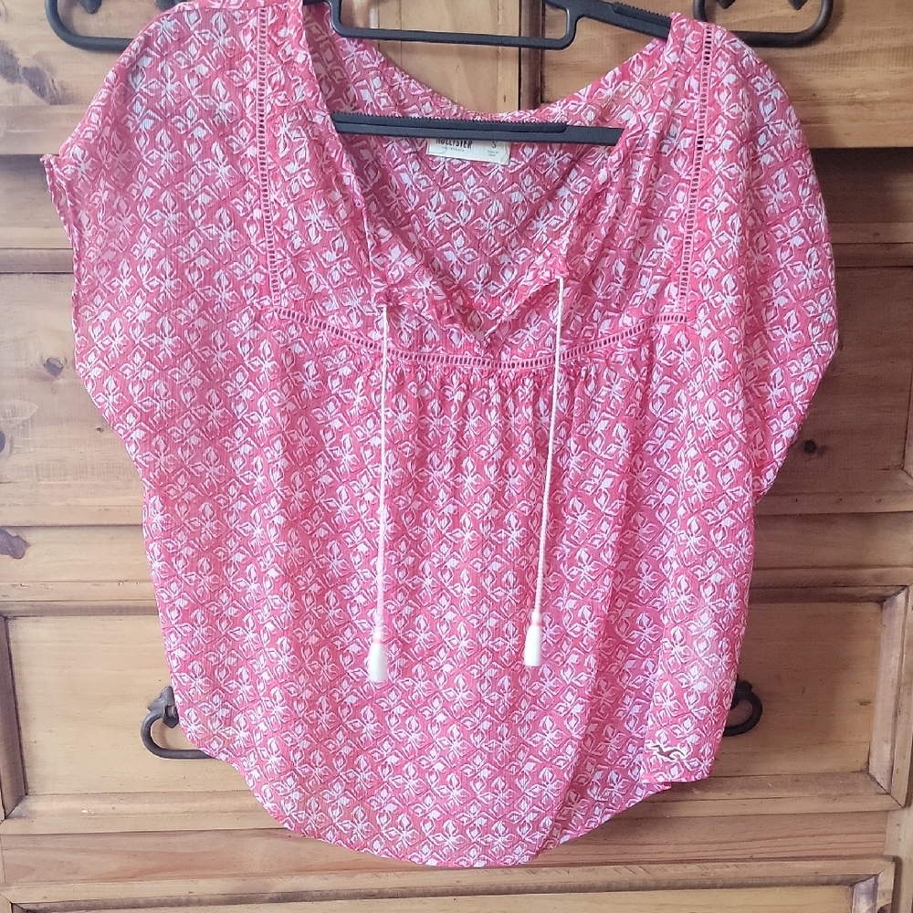 Hollister Pink Flutter Sleeve Blouse with Tie Front